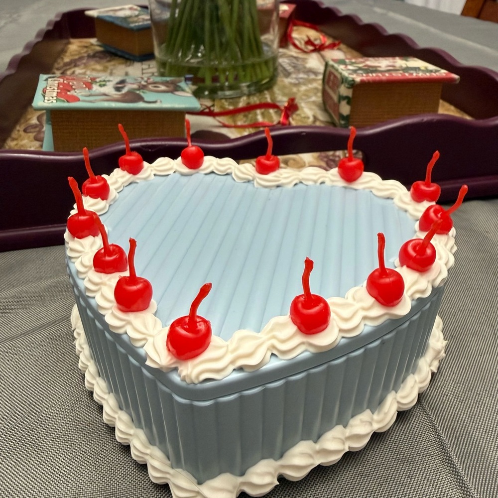 Heart-Shaped Blue Cake Decoration With Red Cherries Jewelry Box